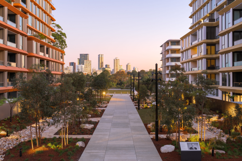 A panoramic view of the NINE by Mirvac Plaza showing open public space and landscaped gardens.